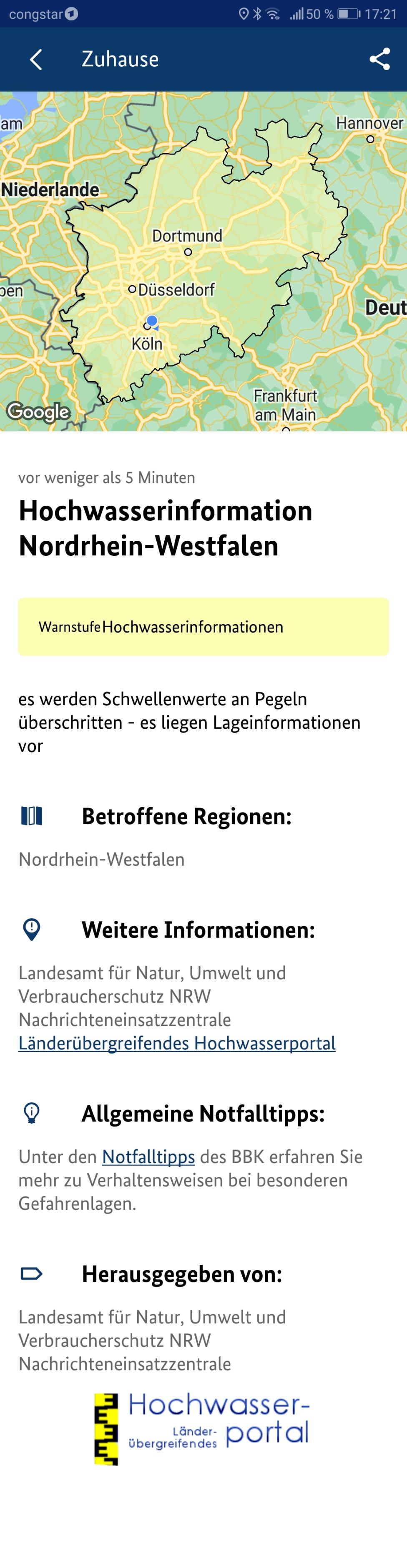 Screenshot von NINA - Hochwasserinformation