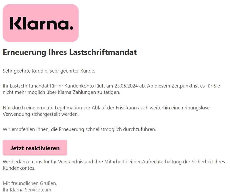 Gefälschte klarna-Mail | Quelle: Verbraucherzentrale Nordrhein-Westfalen Gefälschte klarna-Mail | Quelle: Verbraucherzentrale Nordrhein-Westfalen