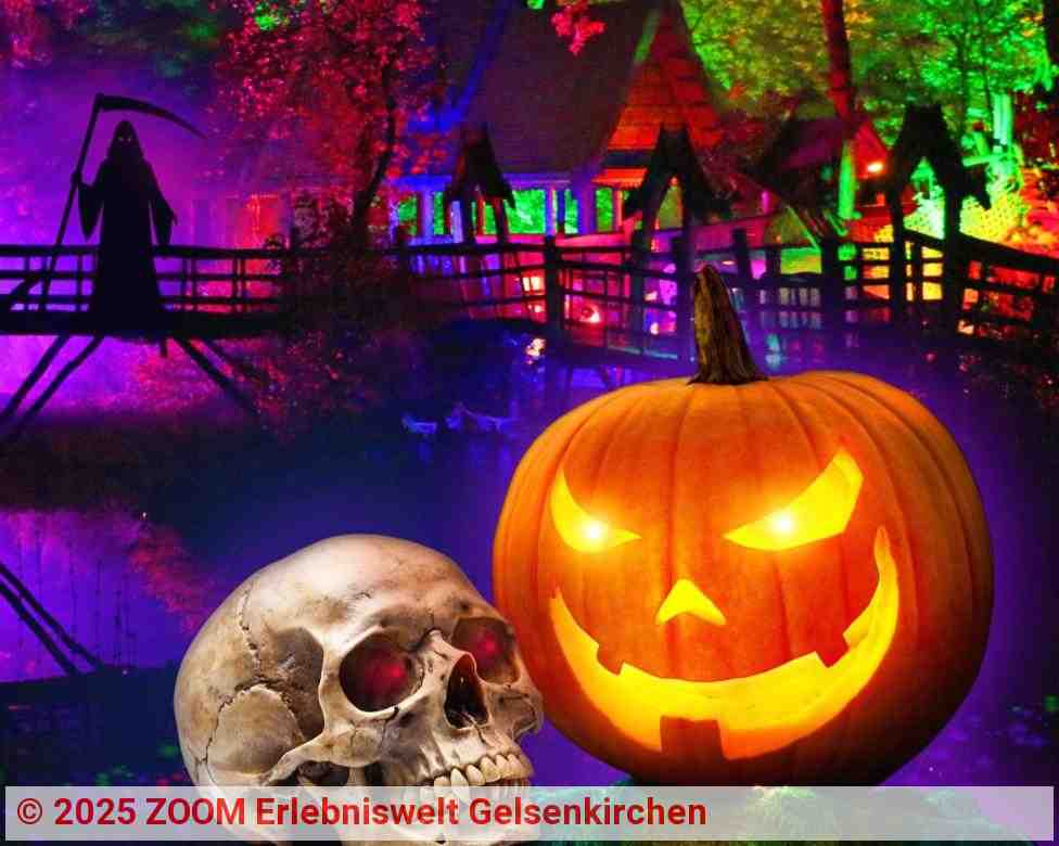 Halloween 2025 mit Sensenmann, Kürbiskopf und menschlichem Schädel | Quelle: ZOOM Erlebniswelt Gelsenkirchen