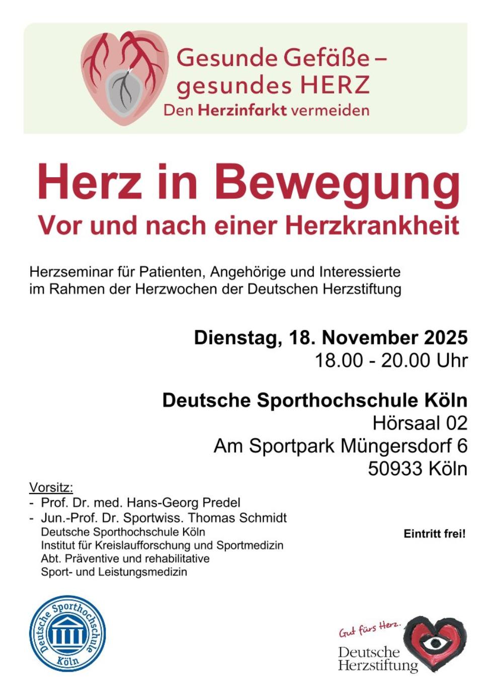 Plakat der Kölner Sporthochschule für die Veranstaltung Herz in Bewegung am 18. November 2025 | Quelle: Deutsche Sporthochschule Köln & Deutsche Herzstiftung e.V.