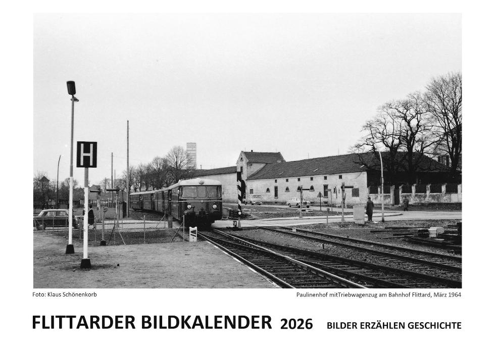 Kalender Cover: Triebwagenzug am Bahnhof Flittard mit Paulinenhof, März 1964 | Foto: Klaus Schönenkorb / Quelle: Hans Metzmacher Kalender Cover: Triebwagenzug am Bahnhof Flittard mit Paulinenhof, März 1964 | Foto: Klaus Schönenkorb / Quelle: Hans Metzmacher