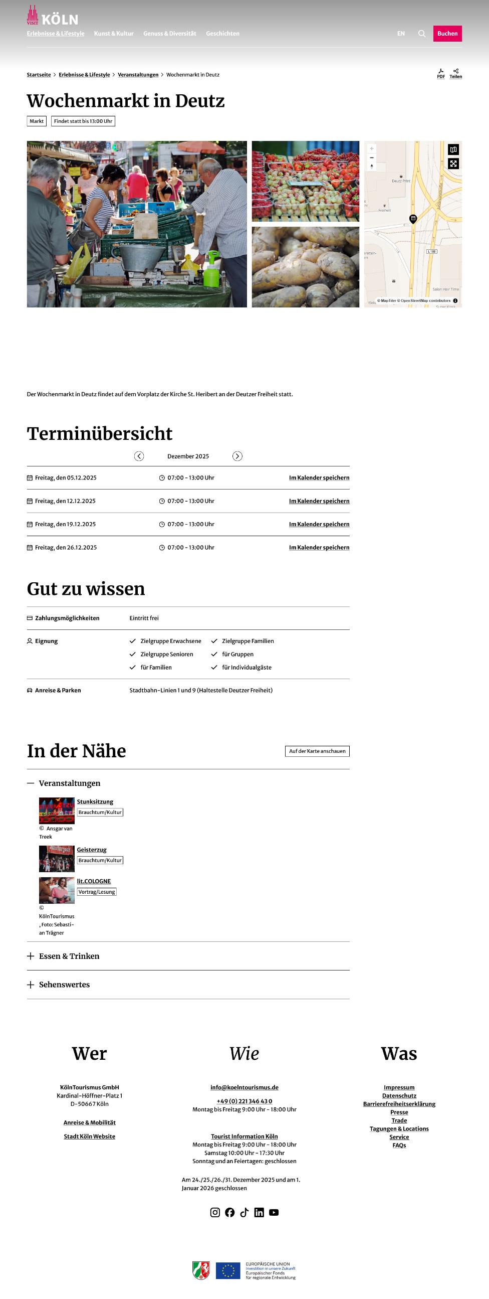 Screenshot der Seite Wochenmarkt in Deutz von Köln Tourismus veröffentlicht