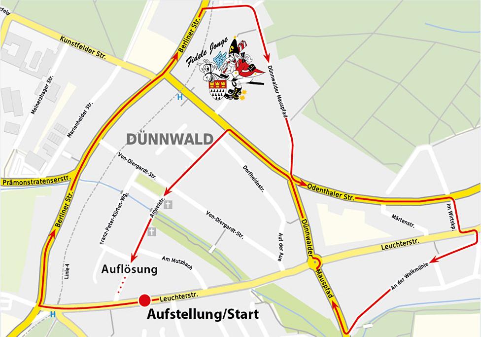 Zochweg des Dünnwalder Veedelszochs 2026 | Quelle: Große Dünnwalder Karnevals-Gesellschaft 1927 e.V.