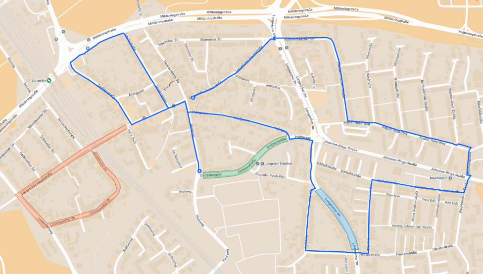 Zugwegplan des Karnevalszugs in Köln-Longerich | Quelle: K.G. Blau Weiss Alt Lunke 1936 e.V.