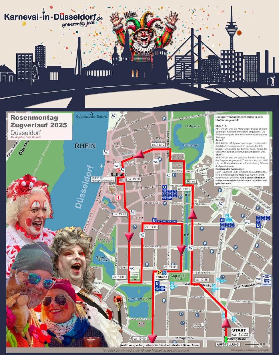 Zugwegplan des Düsseldorfer Rosenmontagszuges 2026 | Quelle: Karneval-in-Duesseldorf.de
