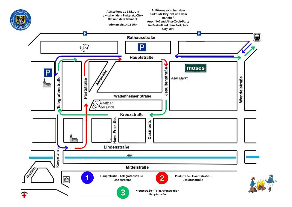 Plan des Zugwegs des Karnevalsumzugs am Sonntag, 08. Februar 2026 in Bad Neuenahr