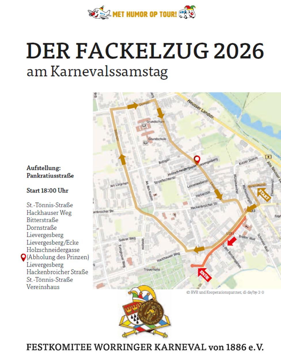 Plan der Zugstrecke des Worringer Fackelzugs 2026 am Karnevalssamstag | Quelle: Festkomitee Worringer Karneval von 1886 e.V.