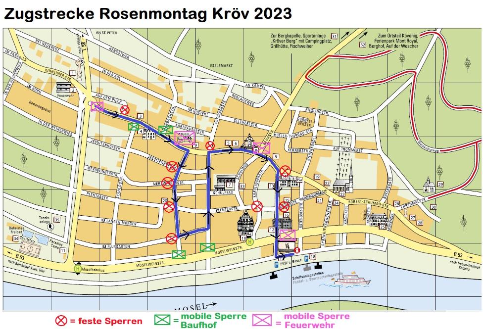 Plan des Zugwegs des Kröver Rosenmontagszugs 2026