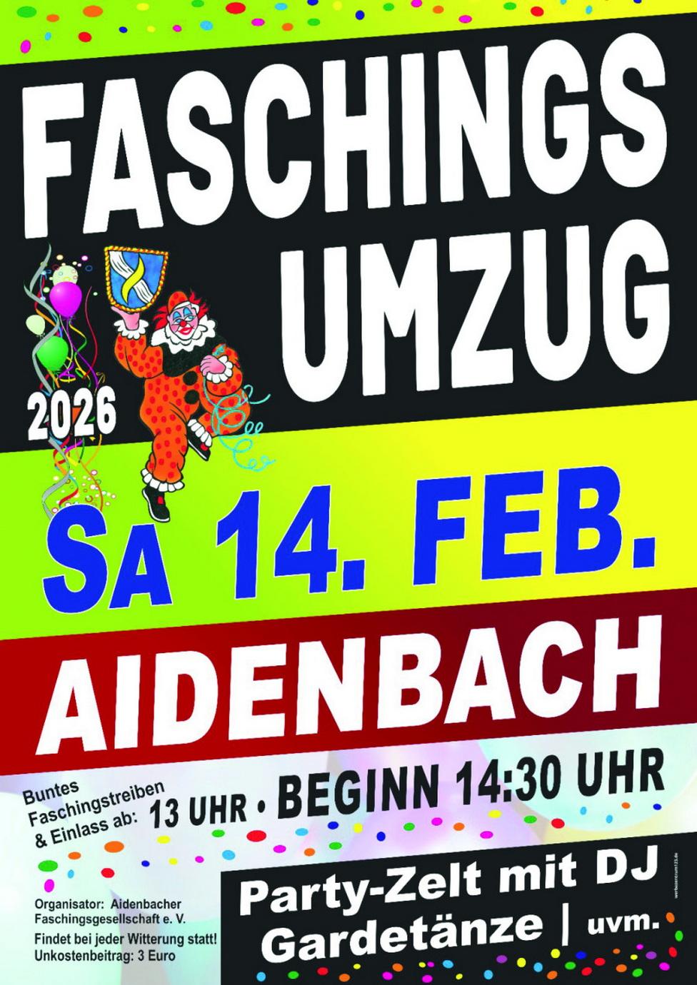 Plakat für den Faschingsumzug 2026 in Aidenbach Plakat für den Faschingsumzug 2026 in Aidenbach