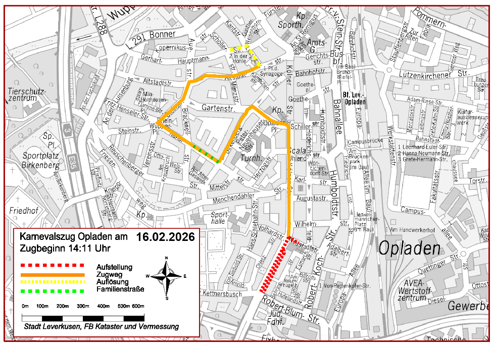 Plan des Zugswegs des Rosenmontagszuges 2026 in Opladen
