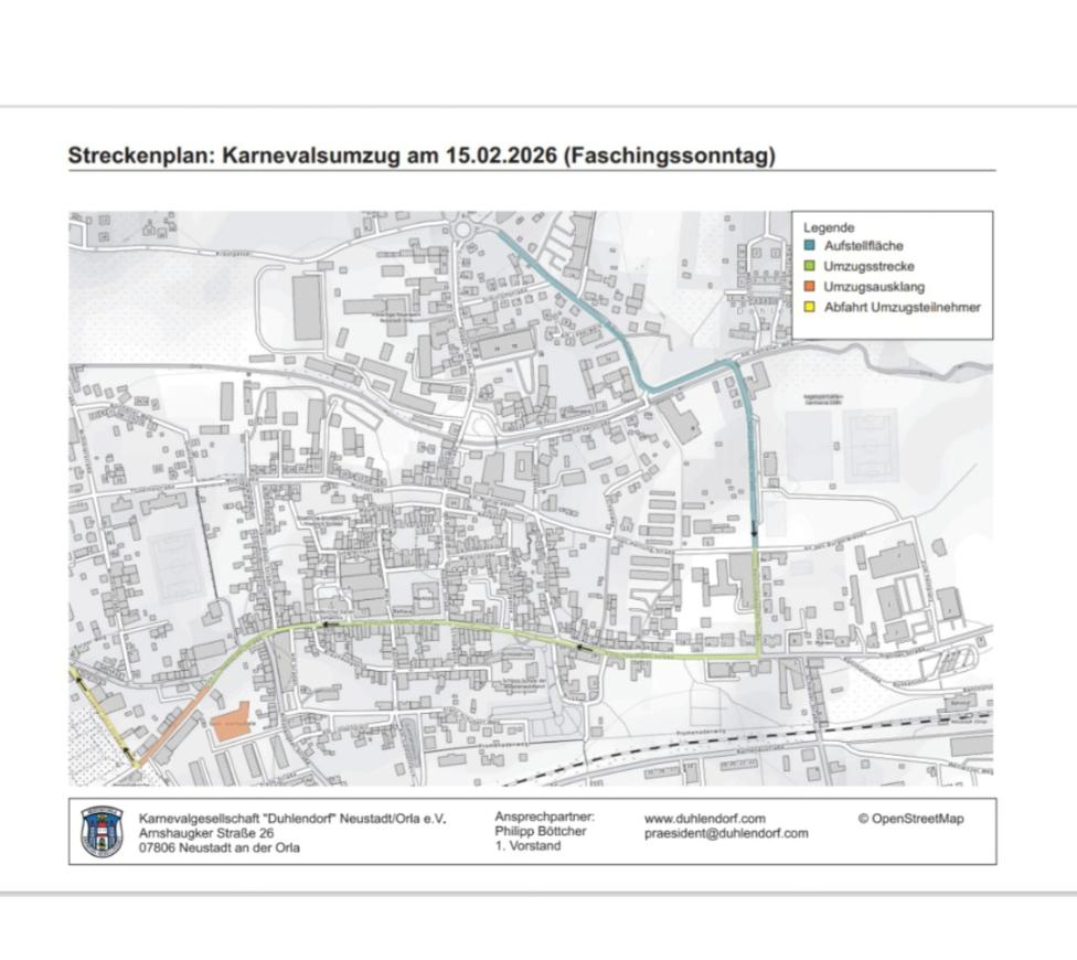 Plan des Karnevalsumzugs am 15.02.2026 in Duhlendorf