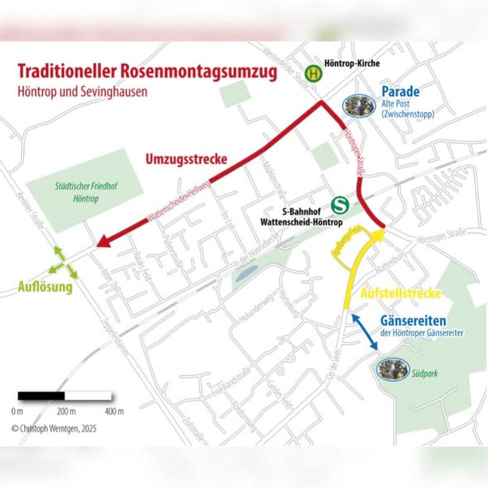 Plan des Zugwegs des Traditionellen Rosenmontagsumzugs des Gänsereiter-Club Höntrop und des Sevinghauser Gänsereiterclubs