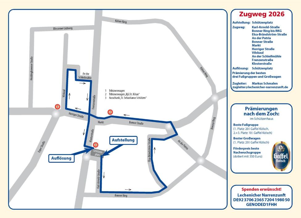 Plan des Zugwegs des Lechenicher Karnevalszuges 2026