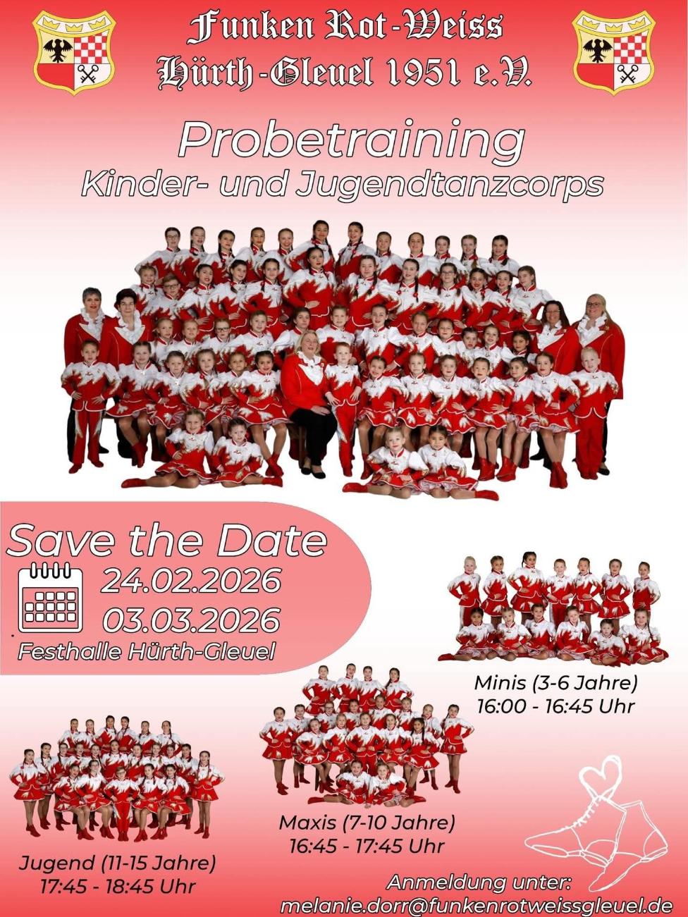 Plakat für das Probetraining bei den Funken Rot-Weiß Hürth-Gleuel 1951 e.V. | Quelle: Facebook-Post von Hürther Karneval und Umgebung