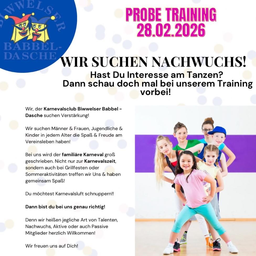 Plakat für das Probetraining des KC Biwwelser Babbel Dasche | Quelle: Facebook-Post des KC Biwwelser Babbel Dasche vom 7. Februar 2026