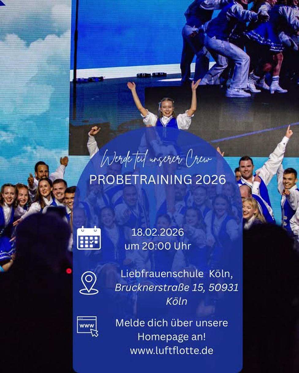 Plakat für das Probetraining beim Tanzcorps der KG Sr. Tollität Luftflotte e.V 1926 | Quelle: Facebook-Post vom Tanzcorps der KG Sr. Tollität Luftflotte e.V 1926