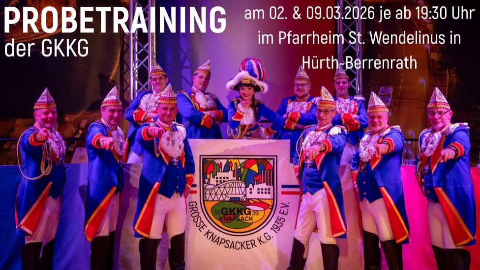 Plakat für das Probetraining bei der Großen Knapsacker Karnevals-Gesellschaft e.V. von 1935 | Quelle: Facebook-Post von der Großen Knapsacker Karnevals-Gesellschaft e.V. von 1935