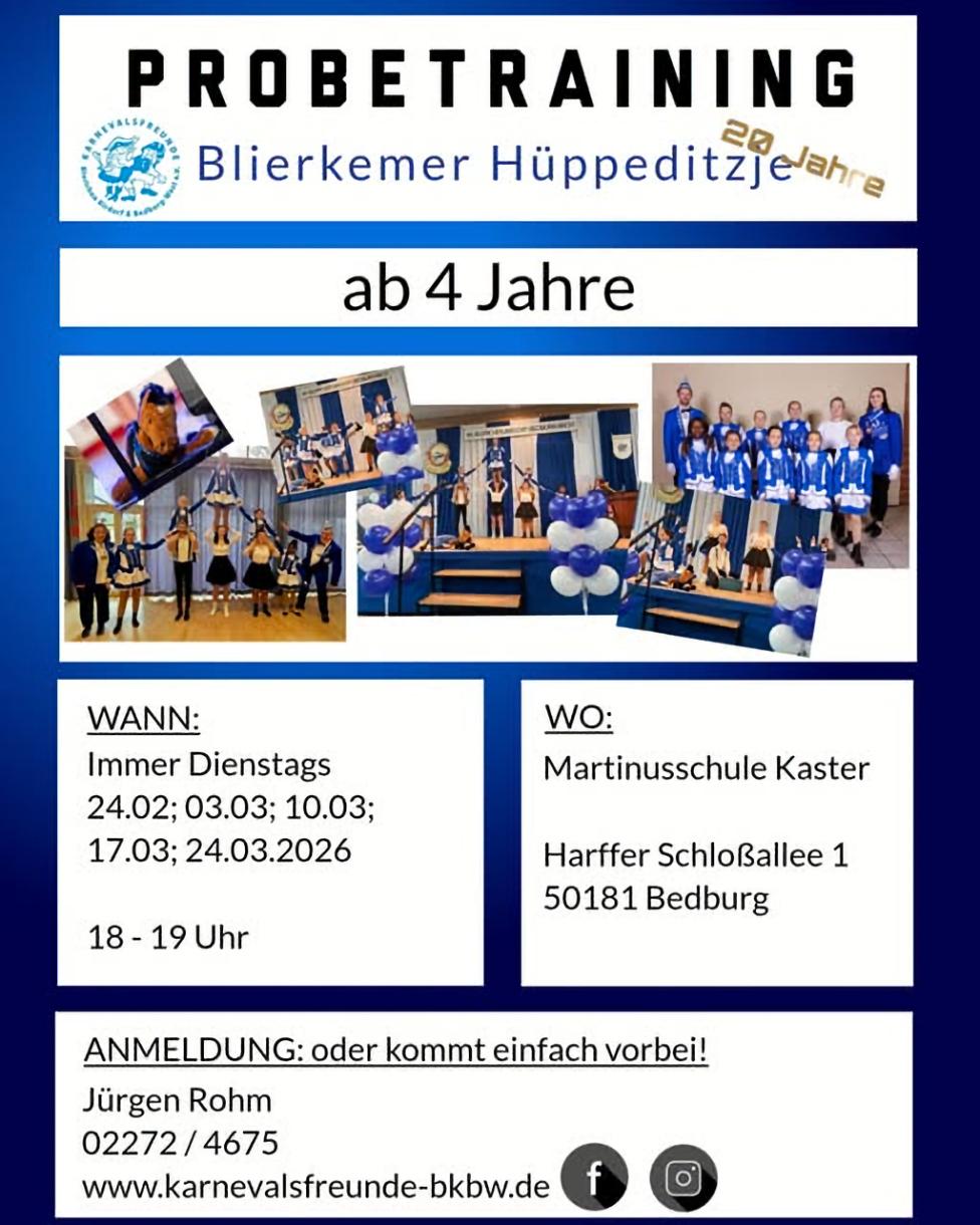 Plakat für das Probetraining bei den Blierkemer Hüppeditzje | Quelle: Facebook-Post von Bedburg/Erft das Netzwerk