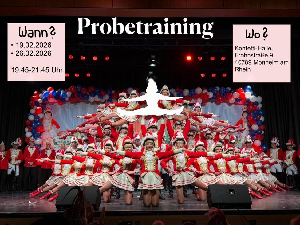Plakat für das Probetraining bei den Altstadt-Funken Monheim 1928 e.V. | Quelle: Facebook-Post von den Altstadt-Funken Monheim 1928 e.V.