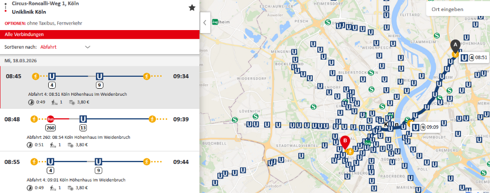 Screenshot vom 17.3.2026 - Fahrplanauskunft der Kölner Verkehrsbetriebe