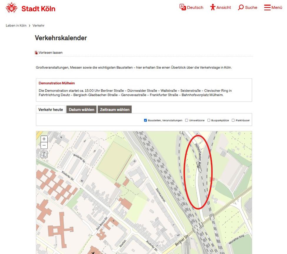 Screenshot des Verkehrskalenders der Stadt Köln inkl. fehlender Baustelle am Höhenhauser Ring (s. Markierung)