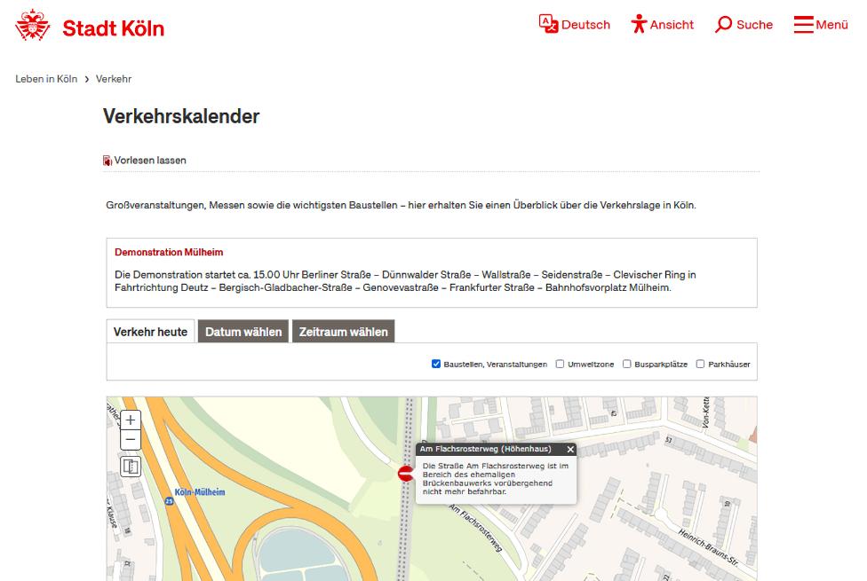 Screenshot des Verkehrskalenders der Stadt Köln mit dem Hinweis bzgl. der Baumaßnahmen Am Flachsrosterweg