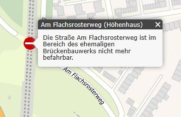 Screenshot vom Verkehrskalender der Stadt Köln / Sperrung wegen Brückenabriss Am Flachsrosterweg