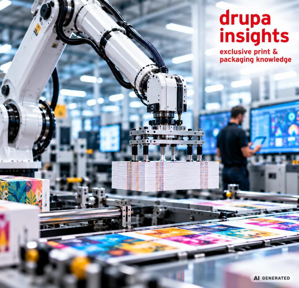 drupa insights - exclusive print & package knowledge - Robotic arm in the smart printing factory | Source: Messe Düsseldorf GmbH / AI generated
